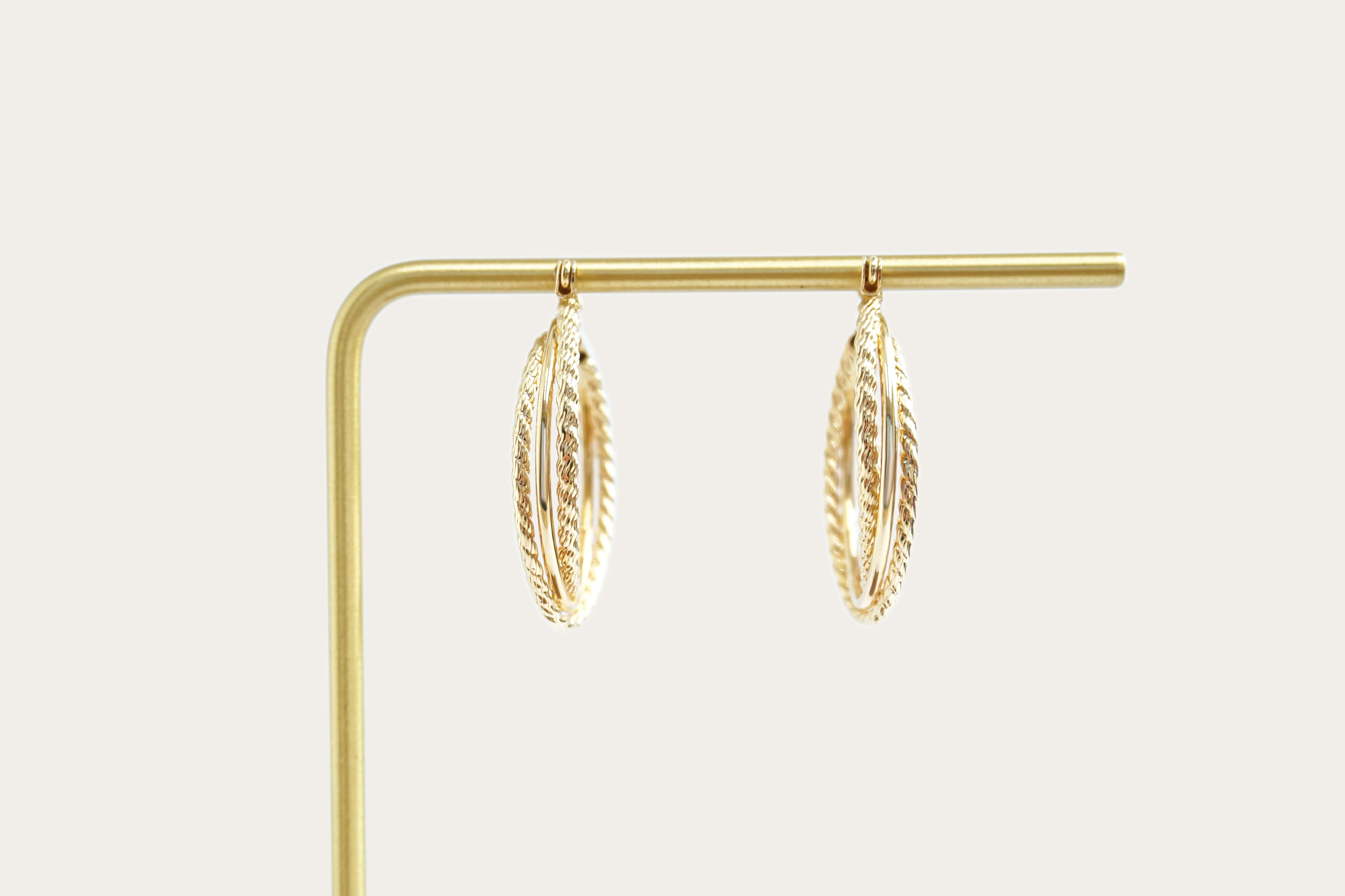 Twist-Braided Oval Triple Hoop Gold Earrings