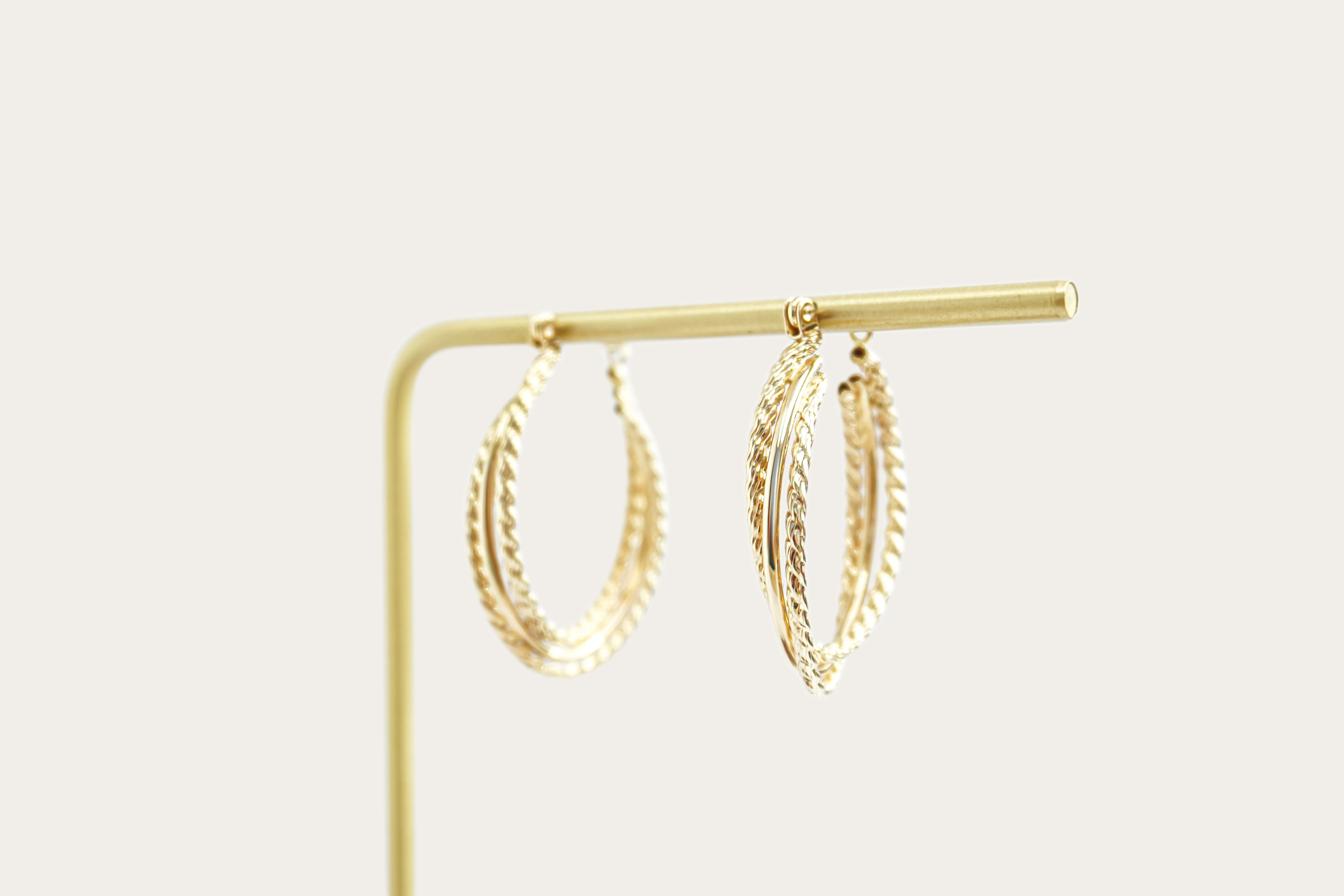 Twist-Braided Oval Triple Hoop Gold Earrings