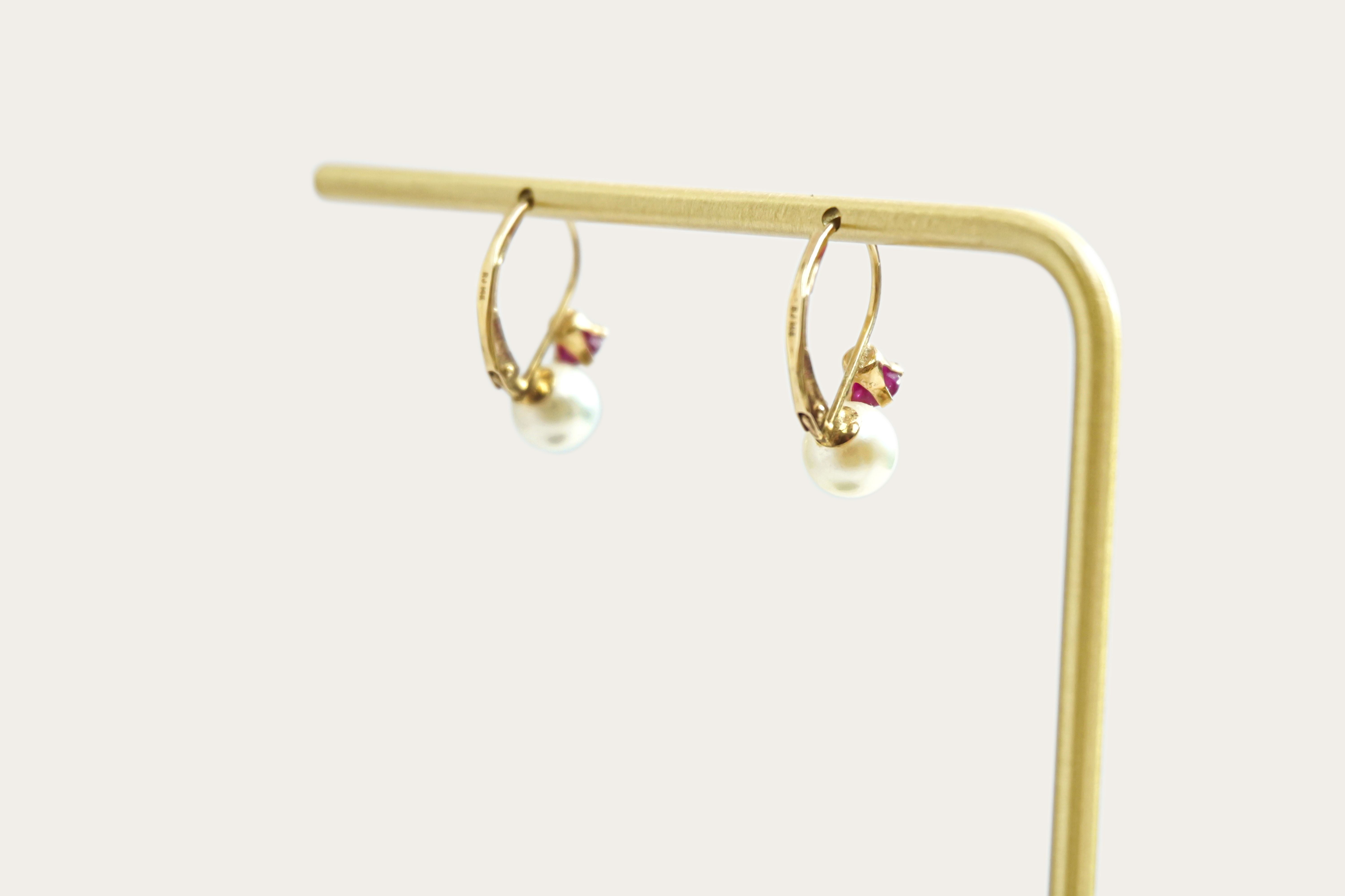 Synthetic Ruby & Pearl Drop Gold Earrings