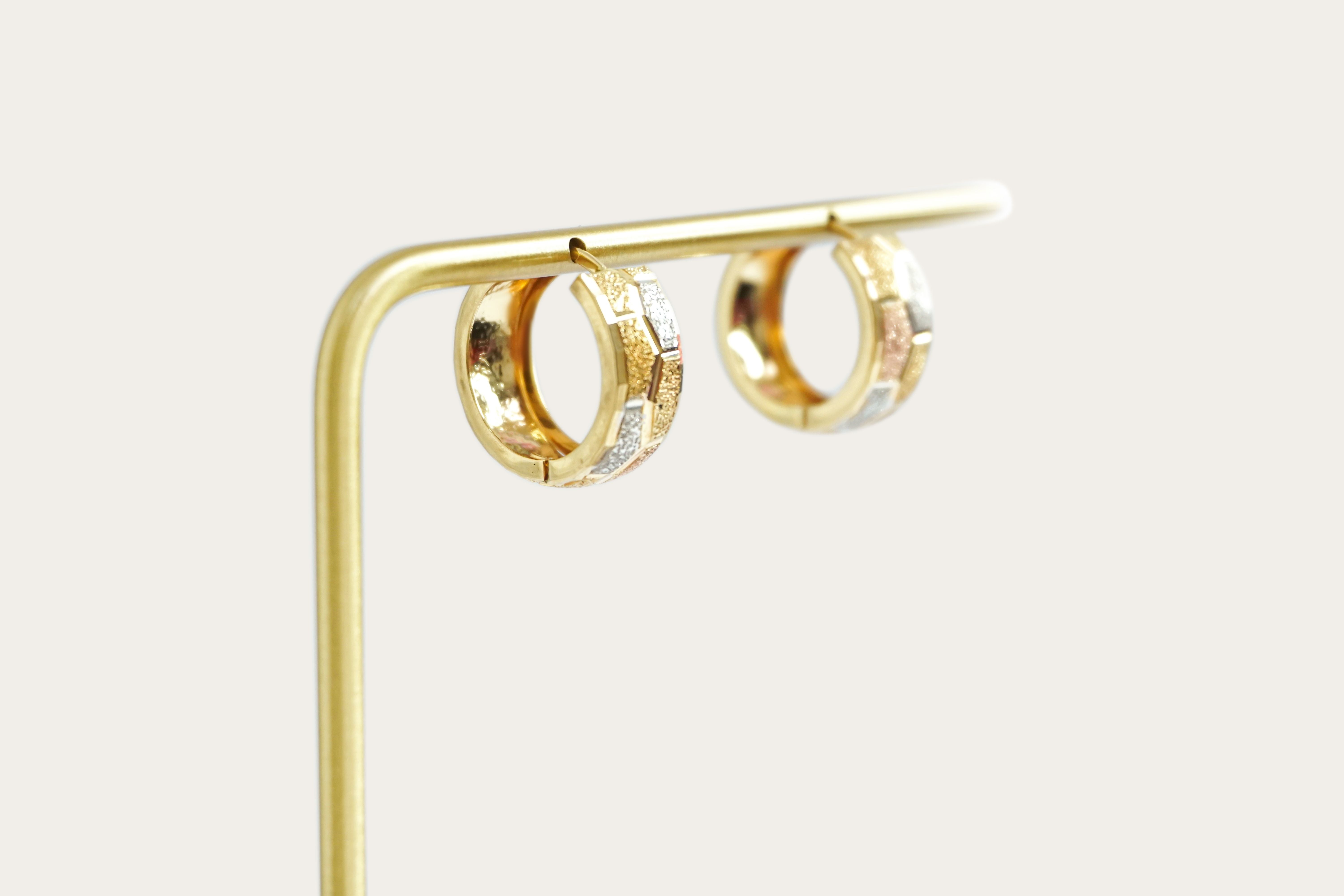 Tri-Color Textured Hoop Gold Earrings