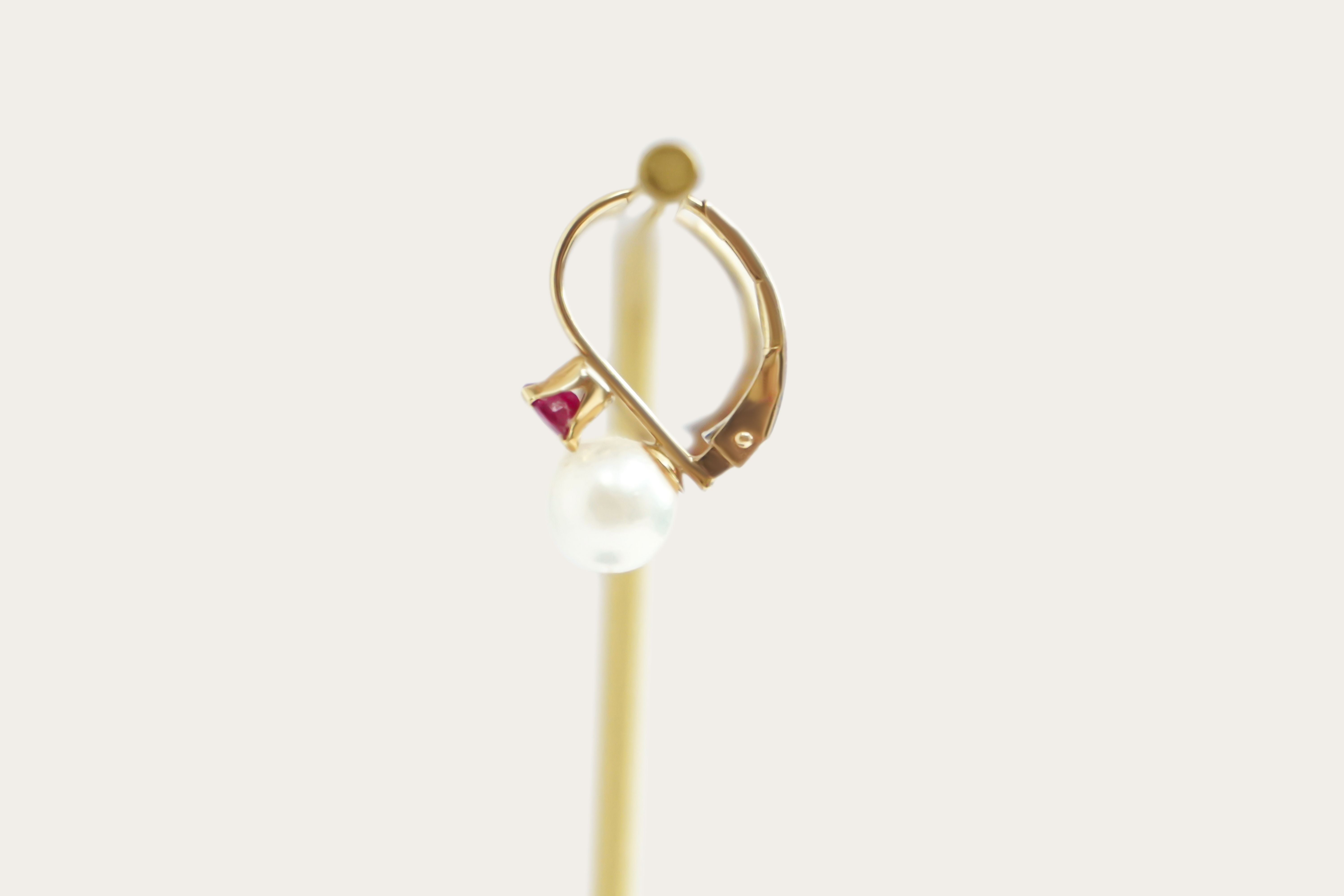 Synthetic Ruby & Pearl Drop Gold Earrings