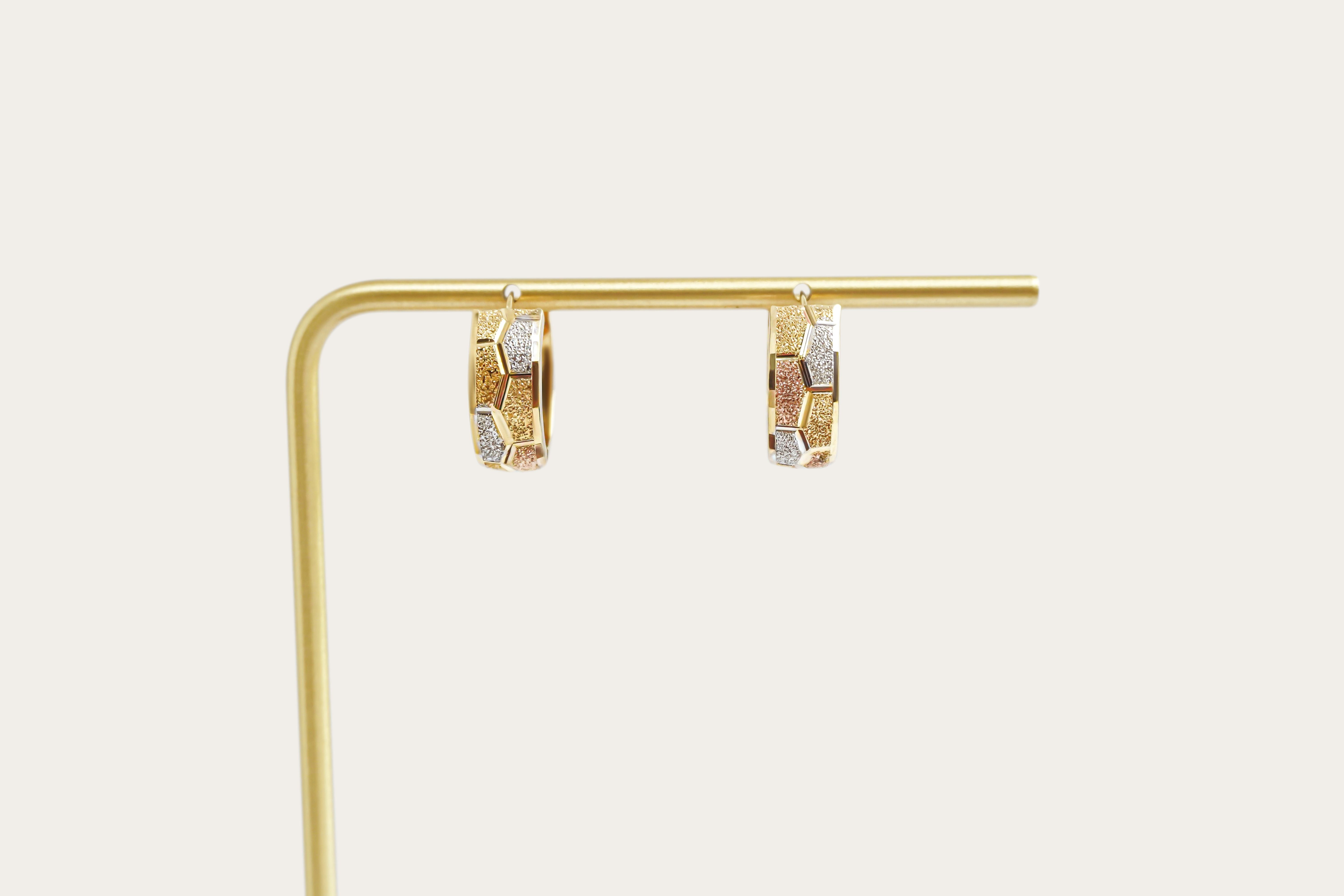 Tri-Color Textured Hoop Gold Earrings