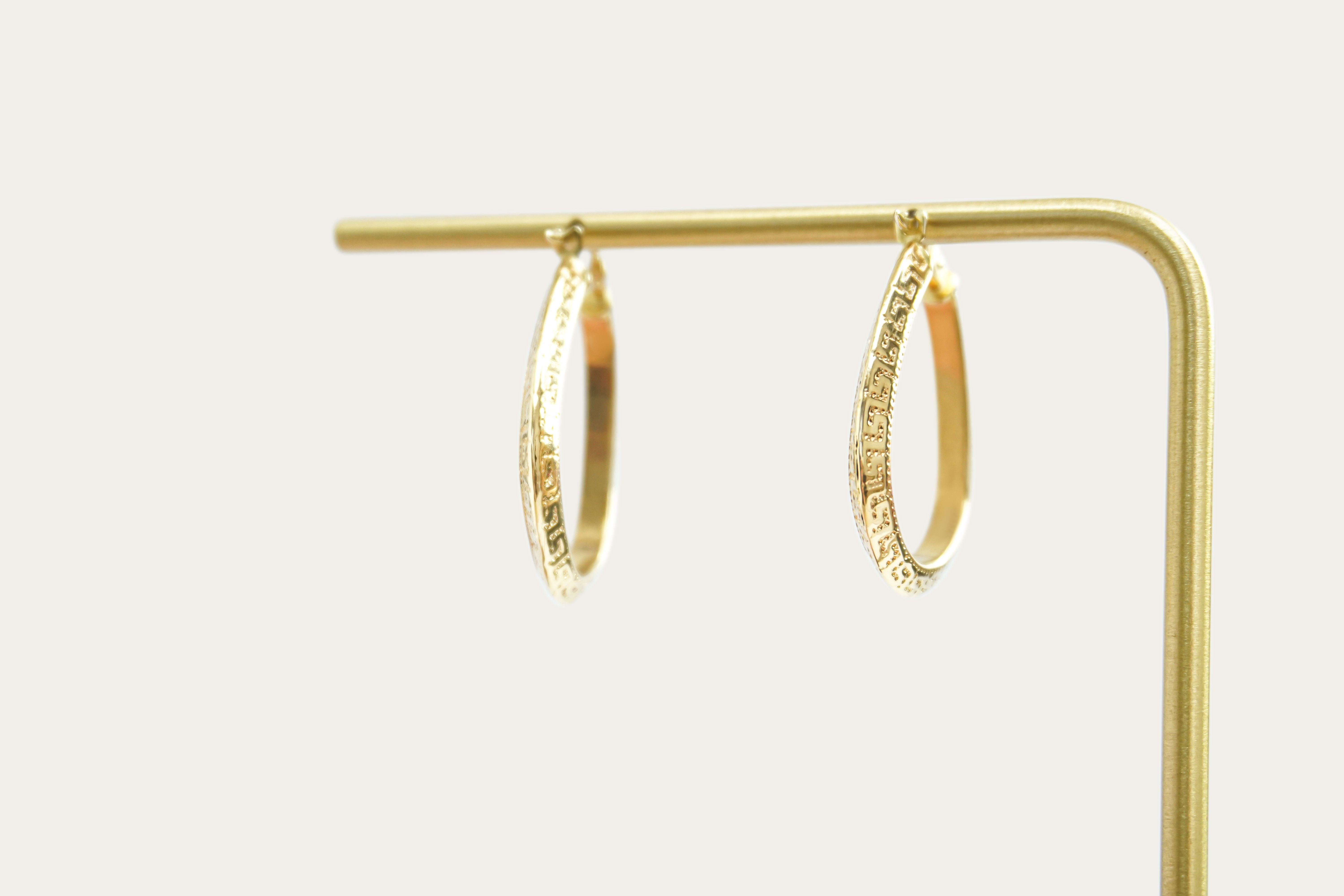 Greek Key Oval Hoop Gold Earrings